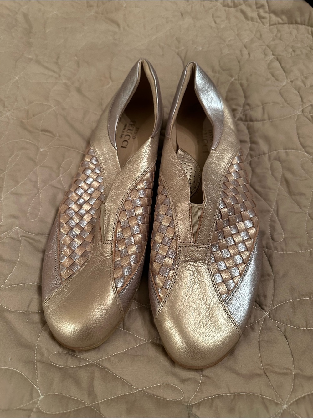 Sesto Meucci Metallic Gold Woven Leather Slip-On Flats